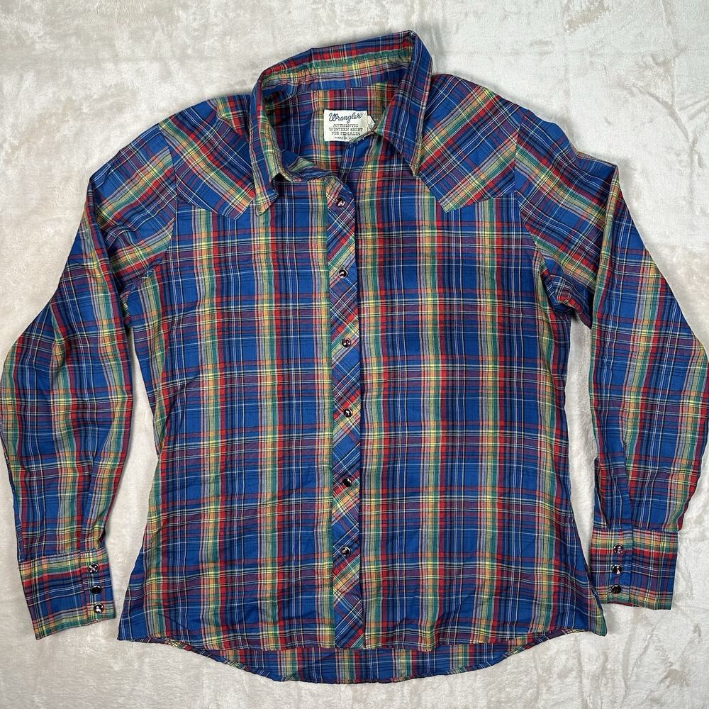VTG Wrangler Western Shirt Rainbow Plaid Purple Eyelet Pearl Snap Women’s 40 M